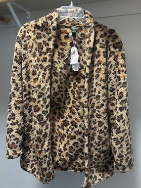 Leopard Print Plush Open-Front Women's Coat - Tan/Black